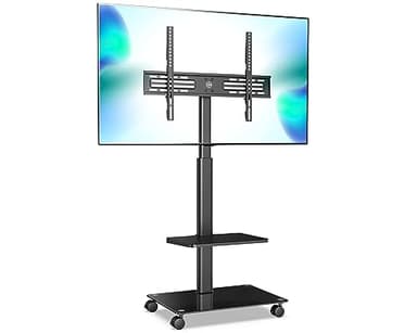 FITUEYES Soporte TV Pie Ruedas para Pantallas de 32 a 60 Pulgadas,con Función Giratoria,Ajuste de Altura,MAX VESA 600 * 400mm,Soporte TV Suelo Móvil con Gestión de Cables,Base de Cristal,con Estante