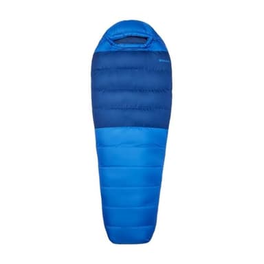 Marmot Lost Coast 15, Saco de dormir tipo momia para adulto, relleno de pluma de 600+, ligero y cálido, plegable, 183 cm, hasta -31°, Trail Blue/Twilight, 183 cm