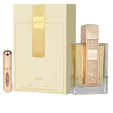 Perfume Angham Original 100ML, Perfume Árabe de Larga Duración, Eau de Parfum Incluye Atomizador Recargable 5ML, Fragancia Oriental con Notas de Mandarina, Pimienta Rosa y Vainilla (Angham)