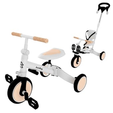 JumPop® Triciclo Evolutivo 5 en 1 + Timbre con Pegatinas + 2 Ganchos de Velcro | Triciclo Bebe 1 Año a 5 Años con Complementos Divertidos (Blanco/Beige)