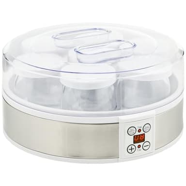 HOMCOM Yogurtera 20W Capacidad 1,26L Máquina de Yogur con 7 Tarros de Cristal de 180 ml Termostato Ajustable Temporizador de 1-48 Horas y Pantalla LED 24x24x13 cm Blanco