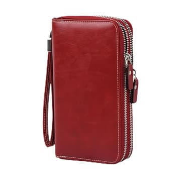 Wisebom Cartera Grande de Cuero, Monedero Largo de Cuero PU con 14 Ranuras Bloqueo RFID, Billetera Larga Mujer Cartera de Piel con 2 Cremalleras y Correa de Muñeca Unisex (Rojo Retro)