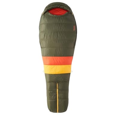 Marmot Never Winter, Saco de dormir tipo momia para adulto, relleno de pluma de 650, ligero y cálido, 183 cm, hasta -15°, Nori/Red Sun, 183 cm