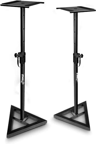 Pyle Soporte Altavoz Suelo, Base Triangular, pies para monitores de Estudio, Altura Ajustable de 26” a 52”. Color Negro. 1 par