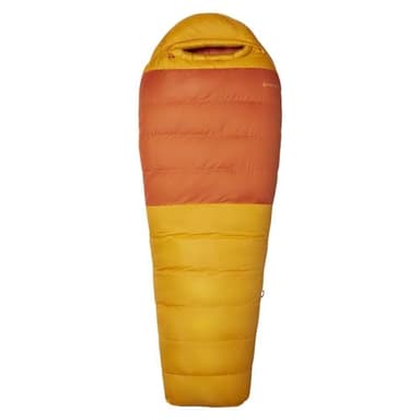 Marmot Lost Coast 5, Saco de dormir tipo momia para adulto, relleno de pluma de 600+, ligero y cálido, plegable, 183 cm, hasta -40°, Golden Sun/Tangelo, 183 cm