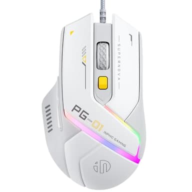 INPHIC PG1 Ratón Gaming con Cable, Ratón RGB Ergonómico de 12800 dpi (6 Niveles), 6 Botones Programables, Iluminación RGB Personalizable, Ratones USB para PC, Laptop, portátil, MacBook - Blanco