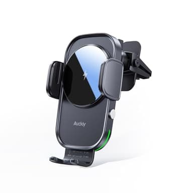 Auckly Cargador Inalámbrico Coche de 15W, [Agarre Automático 270°], Soporte Movil Coche Cargador, Rejilla de Ventilación, para iPhone 11 12 13 14 15 16 & Samsung S22 S23 S24, Carga Rápida, Negro