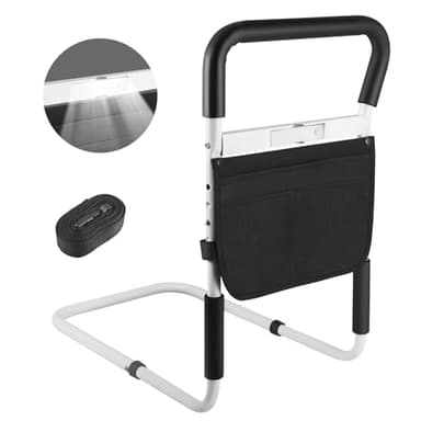 Cama para personas mayores, barra de cama con luz, barandilla de metal para ancianos, adultos, mujeres embarazadas y discapacitadas, barra de cama con bolsa de almacenamiento