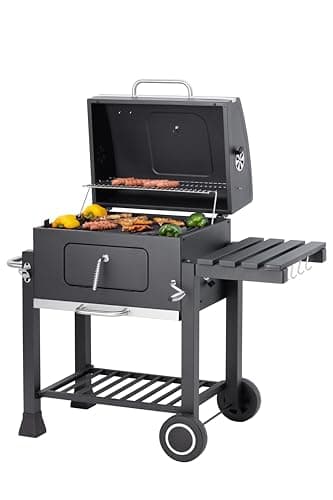 Tarrington House Barbacoa de Carbón Memphis - con Ruedas, Acero y Hierro Fundido, con mesita Auxiliar Plegable, Ganchos para Accesorios, Sistema Smart-Grid, 4 Aberturas de ventilación, Negro