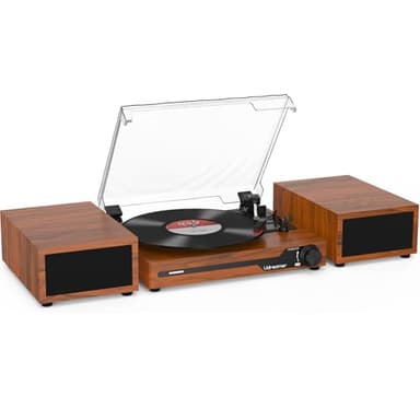 Udreamer Tocadiscos con 2 Altavoces Estéreo Duales, Vintage Tocadiscos con Bluetooth 5.3 Compatible 3 Velocidades, Entrada Auxiliar, Línea RCA, USB, Reproducción Inalámbrica, Marró