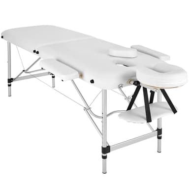 TecTake® Camilla Masaje Plegable, Camilla Profesional Fisioterapia, Quiromasaje, Tatuajes, Reiki, Camilla Estética Profesional de Aluminio, Ajustable en Altura, 2 Zonas, con Bolsa Transporte - Blanco