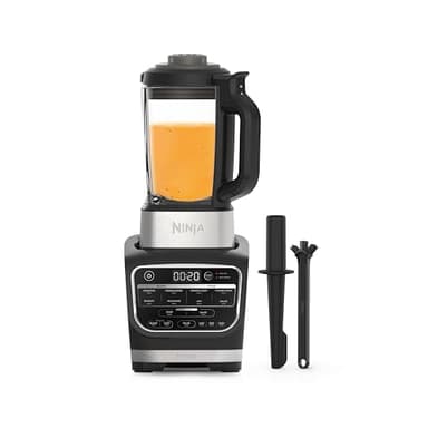 Ninja Foodi Batidora de vaso y sopera eléctrica, 1000 W, 10 programas Auto-iQ, jarra de cristal de 1,7 l con resistencia integrada, batidora para mezclas calientes, prensador, en negro, HB150EU