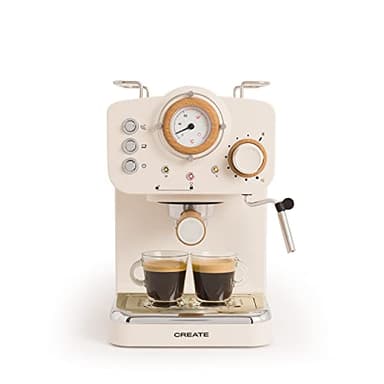 CREATE / THERA RETRO/Cafetera Express Semiautomática Blanco Mate y Madera / 20 bares, brazo doble salida, depósito 1,25L, café molido y monodosis ESE 55mm, con vaporizador, 1100W