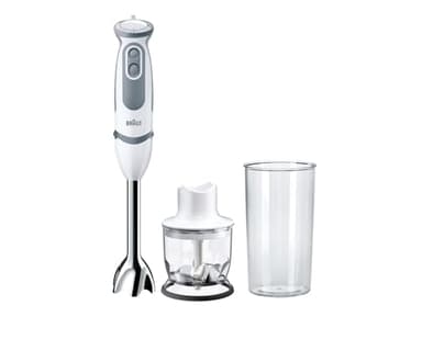 Braun Hogar Batidora de mano, 21 velocidades y función turbo, anti-salpicaduras, Powerbell Plus, 2 accesorios (mini-picadora 350 ml, vaso medidor 600 ml), Blanco, 1000 W