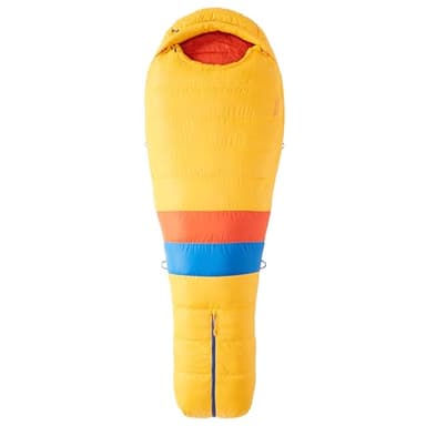 Marmot Never Summer, Saco de dormir tipo momia para adulto, relleno de pluma de 650, ligero y cálido, 183 cm, hasta -36°, Solar/Red Sun, 183 cm