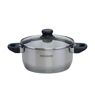 Fackelmann Geneva Olla Baja 20 x 9,5 cm, Capacidad 2,8 Litros, Cazo de Acero Inoxidable con Núcleo de Aluminio, Tapa de Vidrio, Resistente a Corrosión y Fácil de Limpiar