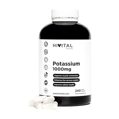 Potasio puro 1000 mg procedente de sal orgánica Citrato de Potasio. 240 cápsulas veganas para casi 3 meses de tratamiento. Mineral esencial para el organismo. Fabricado en España por HIVITAL