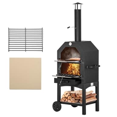 Outsunny Horno de Pizza Exterior con 2 Capas Horno de Leña con Ruedas Cajón Extraíble Estante de Almacenamiento para Terraza Camping Patio 64x54x160 cm Negro