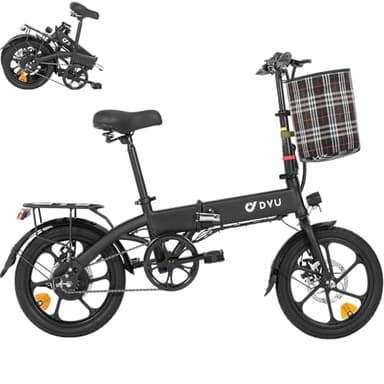 DYU Bicicleta Eléctrica Plegable, 16 Pulgadas Ebike con Indicador de Bateria, 36V 7.8Ah Inteligente E-Bike con Cesta Extraíble, Estante Trasero, Pedal Asistido, Unisex Adulto (Negro)