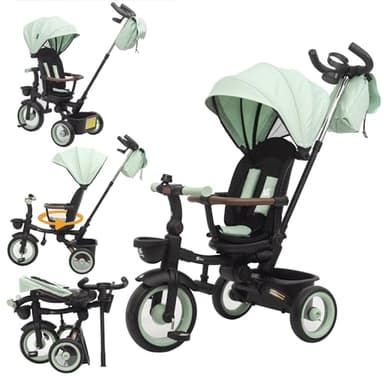 Twinly - Triciclo Evolutivo Bebé SAMI Plegable con asiento reclinable y giratorio 360 bicicleta 2 años – carrito bebe, correpasillos juguete, 1-5 años 25kg – Luz, capota extensible y mango parental