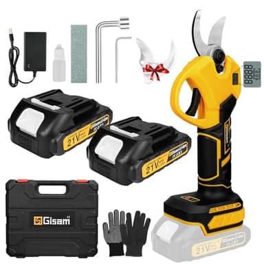 Gisam Tijeras de Podar Electricas, Profesional 40mm Tijeras Eléctricas Podadora Electrica a Bateria con 2 x 2Ah Baterías Recargables & LCD Pantalla, Soporta El Ajuste de Apertura (Amarillo)