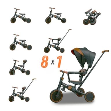 Triciclo evolutivo 8 en 1 City - Marrón - Triciclo Infantil, Bicicleta Sin Pedales, Bicicleta Bebe, Mango Regulable, Capota extraíble, Triciclo de Paseo bebé