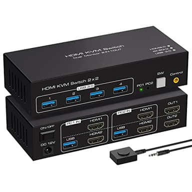 VPFET HDMI KVM Switch 2 PC 2 Monitore 4K60Hz USB 3.0 Conmutadores KVM Monitores Duales con 4 Puertos USB Soporta Copia y Control Avanzado de Pantalla y Escritorio Incluye 2 Cables USB3.0
