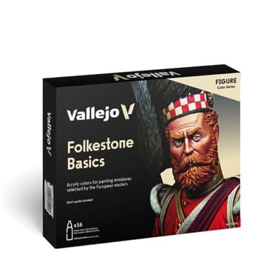 Vallejo Model Color Set de Pintura Acrílica Folkstone Basics. Kit de 16 Colores de Acabado Mate en Botellas de 18 Ml con Cuentagotas y Una Carta de Colores para Modelismo, Maquetas y Dioramas