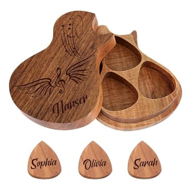 Nombre personalizada Cartucho de guitarra con 3 púas, Porta Púas de Guitarra de Madera Grabado con Texto Regalos para Él Ella Amigo Cumpleaños Navidad San Valentín