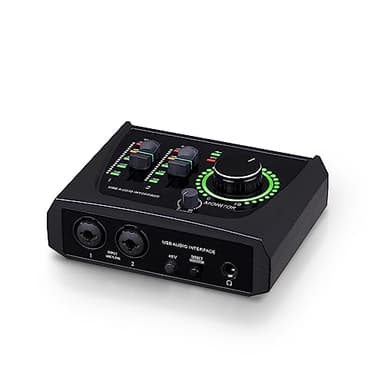 BOMGE Mini interfaz de audio USB de 2 canales para grabación, transmisión y podcasting, con alimentación fantasma XLR/48V, audio de calidad de estudio para guitarrista, vocalista,