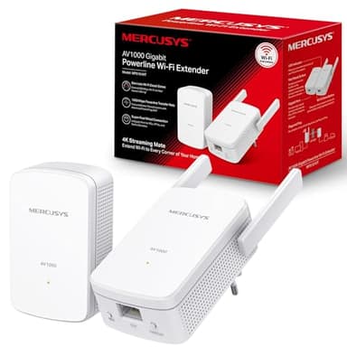 Mercusys AV1000 Gigabit Powerline Starter Kit, Data Transfer Speed Up To 1000 Mbps, Eliminate WiFi Dead Zones,with Extend 300 Mbps WiFi, No Configuration Required (MP510 Kit), White