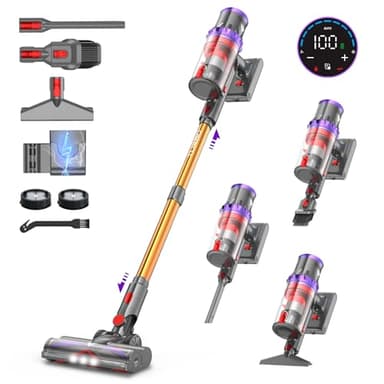 coovy SU7 Aspiradora sin Cable 580W/45Kpa/70Mins, Aspirador Escoba Vertical Potente con Pantalla Táctile LED, Antienredo y Modo Automático para Suelo Alfombras y Pelos de Animales