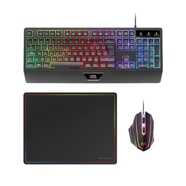 Mars Gaming MCP124, Combo Gaming 3en1, Teclado Ergonómico H-Mech LED RGB, Ratón RGB 3200DPI Switches HUANO, Alfombrilla Nanotextil 360x260mm, Compatibilidad Multiplataforma, Layout Español, Negro
