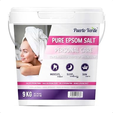 Puerto Verde • Sal de Epsom Pura 9 Kg. Fuente Concentrada de Magnesio. Sal de Baño y Cuidado Personal. Sales Epsom de Rápida Disolución para Relajación Muscular y Buen Sueño. Producción Española.