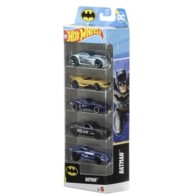 Hot Wheels Batman Pack de cinco coches, conjunto de cinco vehículos metálicos a escala 1:64 con temática de Batman, incluido el Batmobile, JDR18