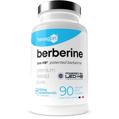 BERBERINA - Patente LEO-HB®, 4x Disponibilidad Superior - Hasta +3 Meses de Curación - Berberina HCL de Berberis Aristata - Apoyo Metabólico - Made in France - 90 Cápsulas - Hexagon