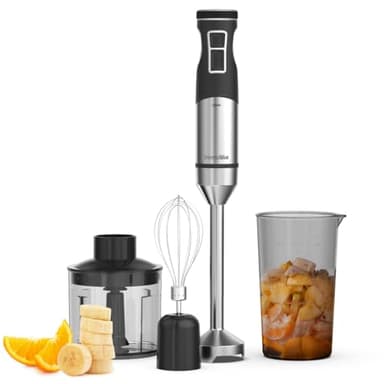 UNIVERSALBLUE Batidora de Mano Potente 2300W con Motor DC, Turbo y 9 Velocidades – Cuchillas de Acero Inoxidable - Accesorios: Picador, Vaso y Varillas – Pica y Tritura Hielo, Fácil de Limpiar