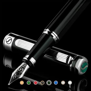 Scriveiner Pluma Estilográfica Negro Verde - Impresionante Pluma de Lujo con Acabado Cromado, Set de Regalo de Escritura para Hombre y Mujer, Profesional, Plumas Buenas - Plumín (Mediano)