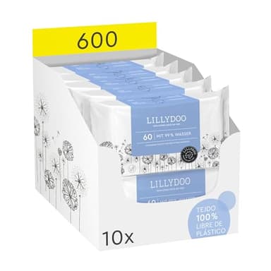 Toallitas húmedas para bebés LILLYDOO con un 99% de agua, 10 paquetes de 60 (600 unidades), 100% libres de plástico sin perfumes y tan suave como el algodón y el agua