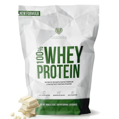 Foodelis Whey Protein 1 kg Chocolate Blanco | 33 Dosis de Proteína en Polvo con Aminoácidos Esenciales | Para Masa Muscular y Recuperación Rápida | Alta Solubilidad y Fácil Digestión