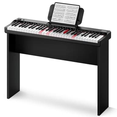 Donner DK-10S Teclado de piano luminoso para principiantes, teclado de piano eléctrico portátil de 61 teclas con batería de 5 horas de duración, conexión inalámbrica, soporte de madera, POP APP, negro