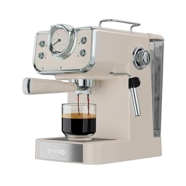 EVVO Cafetera Express Intensa Retro, 15 bares, Vintage, Cuerpo de Acero, Cafetera Barista para Espressos y Capuccinos, 950W, Doble salida, Portafiltros, Depósito de 1,5 l, Calentamiento Rápido (Beige)