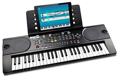 RockJam Piano con teclado de 49 teclas con fuente de alimentación, atril para partituras, pegatinas para notas y lecciones simples.