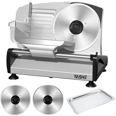 YASHE Cortadora De Fiambre Con Motor DC Silencioso, Cortafiambres Eléctrico Para Jamón 200W, Cuchillas De Acero Inoxidable Duales De 19CM, Grosor Ajustable De 0-15mm Para Carne, Queso, Pan Y Verduras