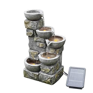 Teamson Home Fuente de Agua Alimentada por Energía Solar con Luces para Jardín y Exteriores, Fuente de Agua en Cascada, Maceta de 4 Niveles, Decoración de Interior y Respaldo de Batería