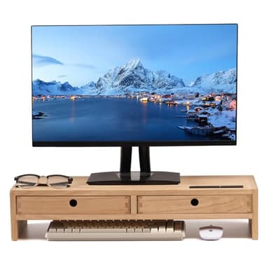KIRIGEN soporte de madera para monitor con 2 cajones organizador de sobremesa para ordenador altavoz TV soporte para impresora portátil soporte de sobremesa para oficina color natural