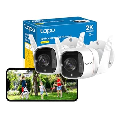 Tapo C310P2 - Juego de 2 cámaras de seguridad al aire libre, detección de movimiento, IP66, sirena integrada, audio bidireccional, 3 MP, visión nocturna, almacenamiento de tarjetas SD y nube,