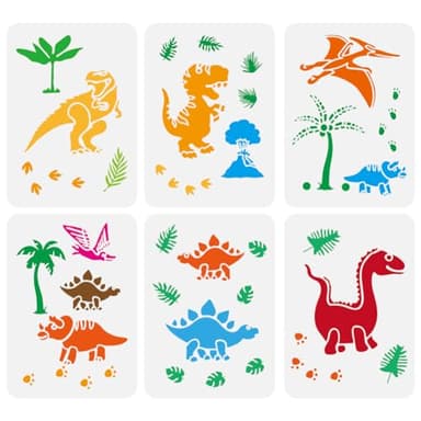 FINGERINSPIRE 6 plantillas de pintura para dinosaurios del período Jurásico, 21 x 29,7 cm, plantillas de dibujo ahuecadas para volcanes de dinosaurios, plantillas para hojas, palmeras de coco, huellas