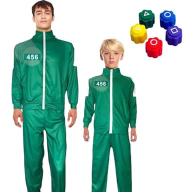 TIENDA EURASIA - Disfraz de Jugador | Inspirado en el Juego del Calamar | Incluye Sudadera, Pantalón y 4 Pegatinas + Juego de Dados Gonggi | Disfraz Juego de Calamar Adulto, Niño (M)