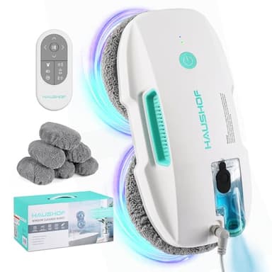 HAUSHOF Robot Limpiacristales, Limpia Cristales Electrico Ventanas, Robot Limpia Ventanas con Succión de 3800Pa, Limpiador Eléctrico de Ventanas con Control Remoto, Detección de Bordes